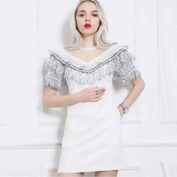 SELF-PORTRAIT PLEATED LACE TRIM MINI-DRESS US8/US4 - Picture 1 of 12